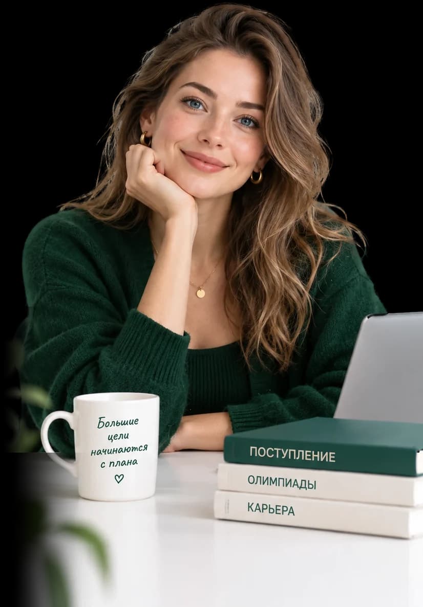 Наставница за столом с кружкой и книгами «Поступление», «Олимпиады», «Карьера»