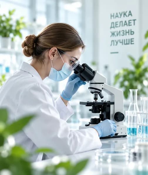 Исследовательница за микроскопом